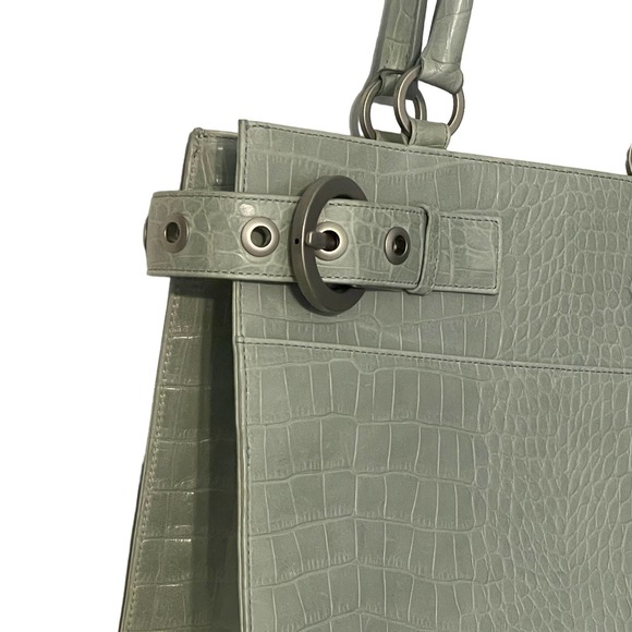Elaine Turner Croc Embossed Satchel Womens Mint Green Leather Handbag Purse - Picture 3 of 13